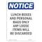 Signmission OSHA Notice, 7" Height, Lunch Boxes And Personal Bags Sign, 7" X 5", Portrait OS-NS-D-57-V-14071 - alternate 1